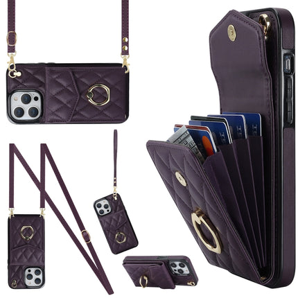 Rhombic Texture Card Bag Phone Case with Long Lanyard, For iPhone 14 Plus, For iPhone 14, For iPhone 14 Pro