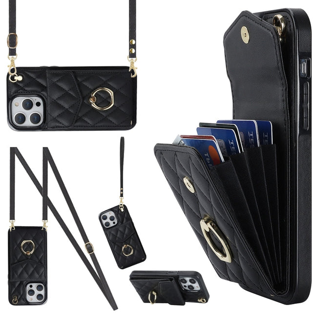 Rhombic Texture Card Bag Phone Case with Long Lanyard, For iPhone 14 Pro Max, For iPhone 13 Pro Max, For iPhone 13 Pro