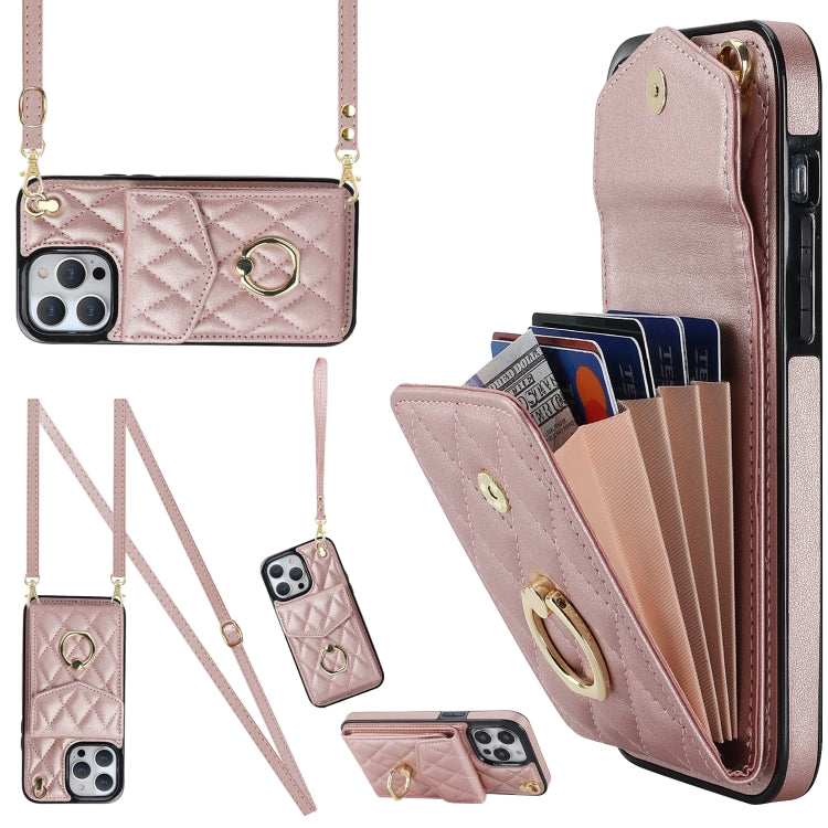 Rhombic Texture Card Bag Phone Case with Long Lanyard, For iPhone 14 Pro, For iPhone 15 Plus, For iPhone 14 Pro Max, For iPhone 15