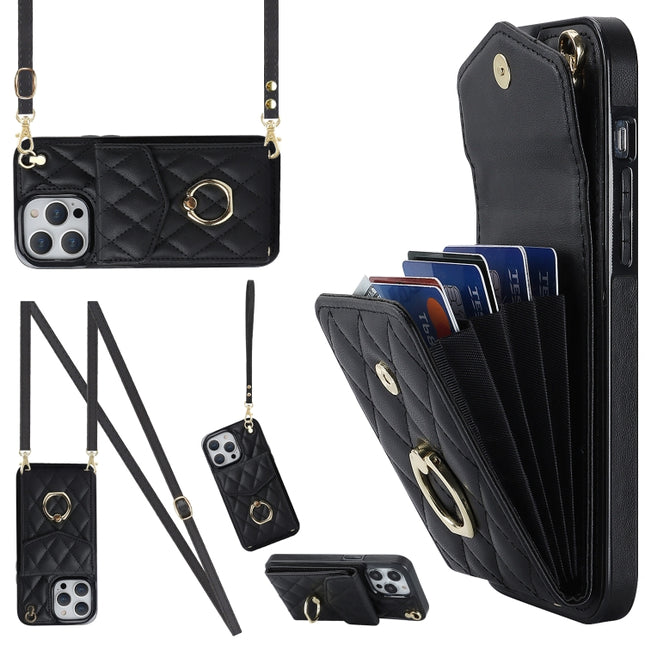Rhombic Texture Card Bag Phone Case with Long Lanyard, For iPhone 14 Pro Max, For iPhone 13 Pro Max, For iPhone 13 Pro