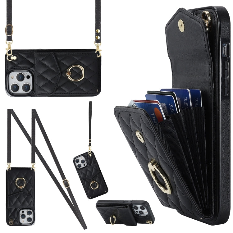 Rhombic Texture Card Bag Phone Case with Long Lanyard, For iPhone 12 / 12 Pro, For iPhone 12 Pro Max, For iPhone 11 Pro Max, For iPhone 11