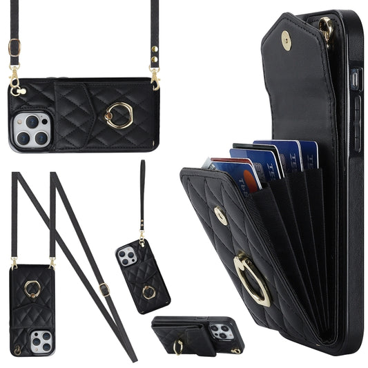 Rhombic Texture Card Bag Phone Case with Long Lanyard, For iPhone 12 / 12 Pro, For iPhone 12 Pro Max, For iPhone 11 Pro Max, For iPhone 11
