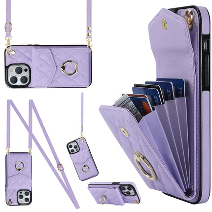 Rhombic Texture Card Bag Phone Case with Long Lanyard, For iPhone 13, For iPhone 12 / 12 Pro, For iPhone 12 Pro Max