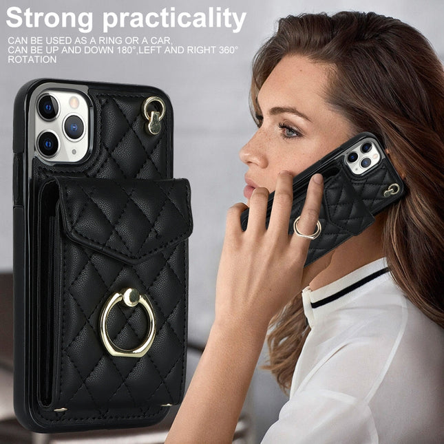 Rhombic Texture Card Bag Phone Case with Long Lanyard, For iPhone 11 Pro Max, For iPhone 11, For iPhone 11 Pro