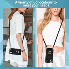 Rhombic Texture Card Bag Phone Case with Long Lanyard