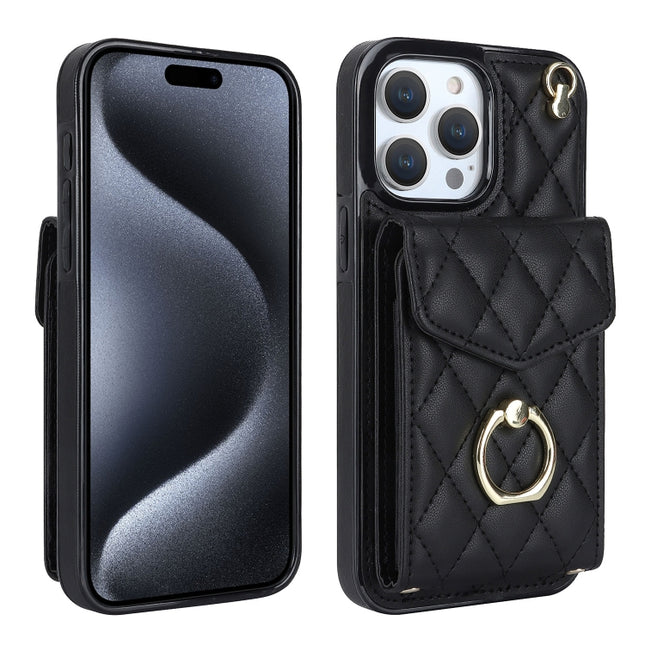 Rhombic Texture Card Bag Phone Case with Long Lanyard, For iPhone 17, For iPhone Air, For iPhone 15 Pro Max