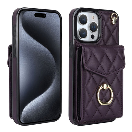 Rhombic Texture Card Bag Phone Case with Long Lanyard, For iPhone 15 Pro, For iPhone 15 Plus, For iPhone 15