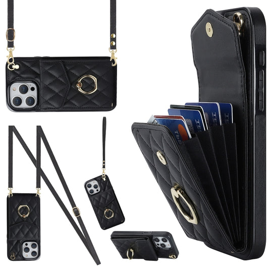 Rhombic Texture Card Bag Phone Case with Long Lanyard, For iPhone 15, For iPhone 14 Plus, For iPhone 14, For iPhone 14 Pro