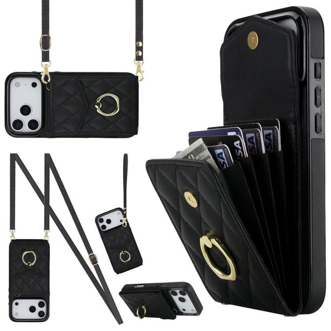 Rhombic Texture Card Bag Phone Case with Long Lanyard, For iPhone 17e / 16e, For iPhone 17 Pro Max, For iPhone 17 Pro