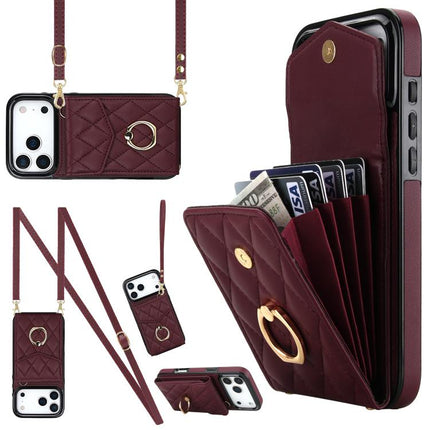 Rhombic Texture Card Bag Phone Case with Long Lanyard, For iPhone 17e / 16e, For iPhone 17 Pro Max, For iPhone 17 Pro