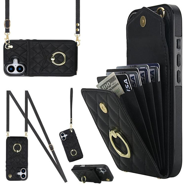 Rhombic Texture Card Bag Phone Case with Long Lanyard, For iPhone 17, For iPhone Air, For iPhone 15 Pro Max