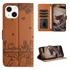 Cat Embossing Pattern Leather Phone Case with Lanyard, For iPhone 15 Pro, For iPhone 15 Plus, For iPhone 15, For iPhone 14 Plus, For iPhone 14, For iPhone 14 Pro