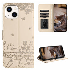 Cat Embossing Pattern Leather Phone Case with Lanyard, For iPhone 15 Pro, For iPhone 15 Plus, For iPhone 15, For iPhone 14 Plus, For iPhone 14, For iPhone 14 Pro