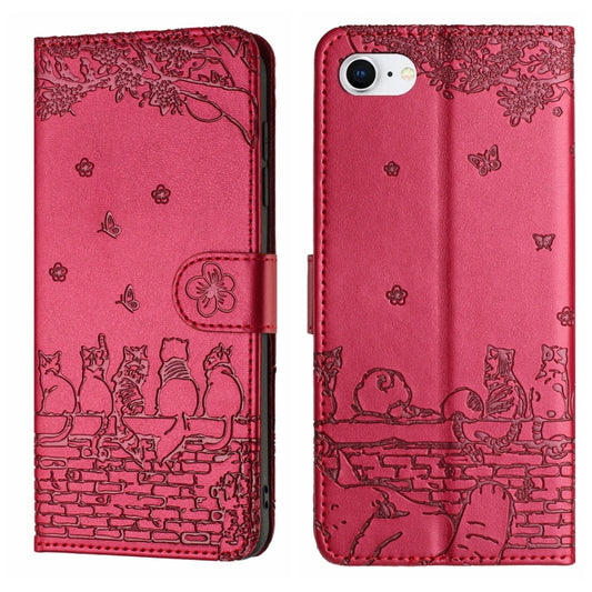 Cat Embossing Pattern Leather Phone Case with Lanyard, iPhone 16e, For iPhone 16 Pro Max, For iPhone 16 Pro, For iPhone 16 Plus