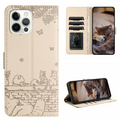 Cat Embossing Pattern Leather Phone Case with Lanyard, For iPhone 16 Pro Max, For iPhone 16 Pro, For iPhone 16 Plus, For iPhone 16, iPhone 16e, For iPhone 15 Pro Max