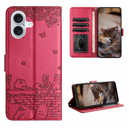 Cat Embossing Pattern Leather Phone Case with Lanyard, For iPhone Air, For iPhone 16 Pro Max, For iPhone 16 Pro, For iPhone 16 Plus