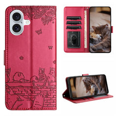 Cat Embossing Pattern Leather Phone Case with Lanyard, For iPhone 16 Pro Max, For iPhone 16 Pro, For iPhone 16 Plus, For iPhone 16, iPhone 16e, For iPhone 15 Pro Max