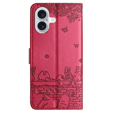 Cat Embossing Pattern Leather Phone Case with Lanyard, For iPhone 16, For iPhone 15 Pro Max, For iPhone 15 Pro, For iPhone 15 Plus