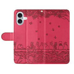 Cat Embossing Pattern Leather Phone Case with Lanyard, For iPhone 16, For iPhone 15 Pro Max, For iPhone 15 Pro, For iPhone 15 Plus