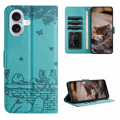 Cat Embossing Pattern Leather Phone Case with Lanyard, For iPhone 16 Pro Max, For iPhone 16 Pro, For iPhone 16 Plus, For iPhone 16, iPhone 16e, For iPhone 15 Pro Max