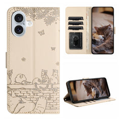 Cat Embossing Pattern Leather Phone Case with Lanyard, For iPhone 16 Pro Max, For iPhone 16 Pro, For iPhone 16 Plus, For iPhone 16, iPhone 16e, For iPhone 15 Pro Max