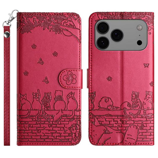 Cat Embossing Pattern Leather Phone Case with Lanyard, For iPhone 17 Pro Max, For iPhone 17 Pro, For iPhone 17, For iPhone 17 Air
