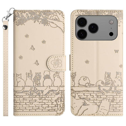 Cat Embossing Pattern Leather Phone Case with Lanyard, For iPhone 16e / 17e, For iPhone 17 Pro Max, For iPhone 17 Pro, For iPhone 17