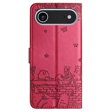 Cat Embossing Pattern Leather Phone Case with Lanyard, For iPhone Air, For iPhone 16 Pro Max, For iPhone 16 Pro, For iPhone 16 Plus