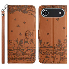 Cat Embossing Pattern Leather Phone Case with Lanyard, For iPhone 17 Pro Max, For iPhone 17 Pro, For iPhone 17, For iPhone 17 Air