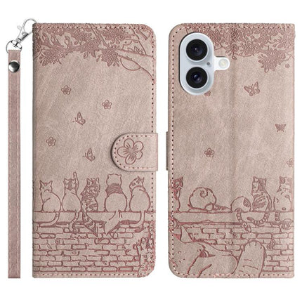 Cat Embossing Pattern Leather Phone Case with Lanyard, For iPhone 16e / 17e, For iPhone 17 Pro Max, For iPhone 17 Pro, For iPhone 17