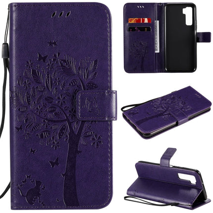 Tree & Cat Embossed Pattern Horizontal Flip Leather Case with Holder & Card Slots & Wallet & Lanyard, For Huawei Nova 7 SE, For Huawei Nova 7
