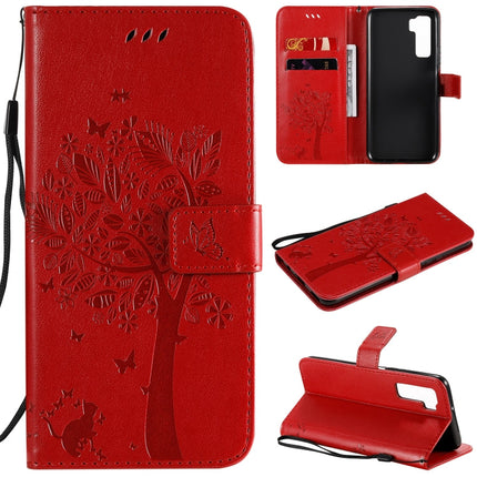 Tree & Cat Embossed Pattern Horizontal Flip Leather Case with Holder & Card Slots & Wallet & Lanyard, For Huawei Nova 7 SE, For Huawei Nova 7