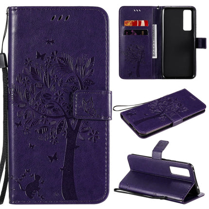 Tree & Cat Embossed Pattern Horizontal Flip Leather Case with Holder & Card Slots & Wallet & Lanyard, For Huawei Nova 7 SE, For Huawei Nova 7