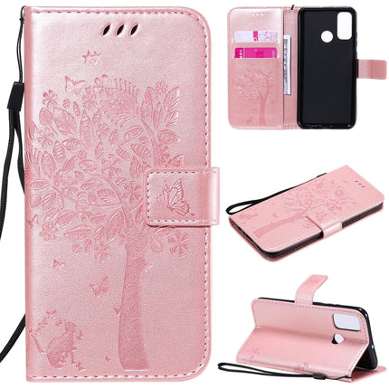 Tree & Cat Embossed Pattern Horizontal Flip Leather Case with Holder & Card Slots & Wallet & Lanyard, For Huawei P40 Lite E, For Huawei P Smart 2020