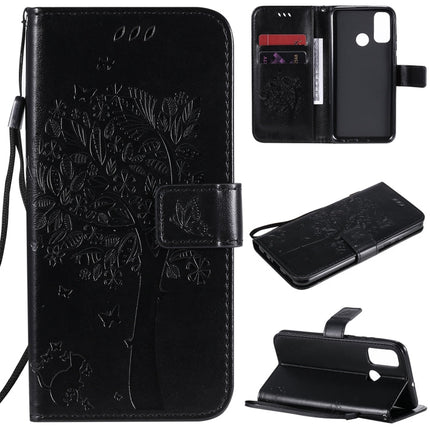 Tree & Cat Embossed Pattern Horizontal Flip Leather Case with Holder & Card Slots & Wallet & Lanyard, For Huawei P40 Lite E, For Huawei P Smart 2020