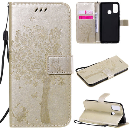 Tree & Cat Embossed Pattern Horizontal Flip Leather Case with Holder & Card Slots & Wallet & Lanyard, For Huawei P40 Lite E, For Huawei P Smart 2020