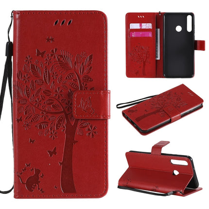 Tree & Cat Embossed Pattern Horizontal Flip Leather Case with Holder & Card Slots & Wallet & Lanyard, For Huawei Y5p, For Huawei Y6p