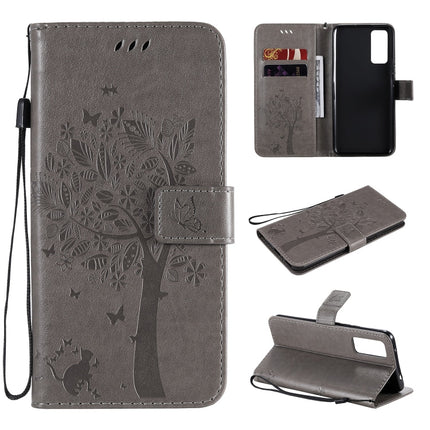 Tree & Cat Embossed Pattern Horizontal Flip Leather Case with Holder & Card Slots & Wallet & Lanyard, For Huawei Honor 30, For Huawei Honor Play4T Pro