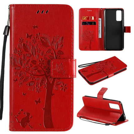 Tree & Cat Embossed Pattern Horizontal Flip Leather Case with Holder & Card Slots & Wallet & Lanyard, For Huawei Honor 30, For Huawei Honor Play4T Pro