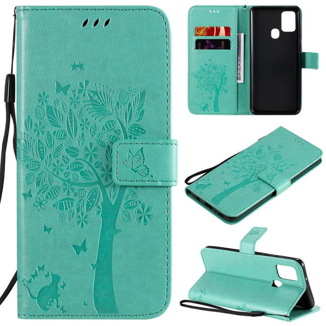 Tree & Cat Embossed Pattern Horizontal Flip Leather Case with Holder & Card Slots & Wallet & Lanyard, For Samsung Galaxy A21s, For Samsung Galaxy A31