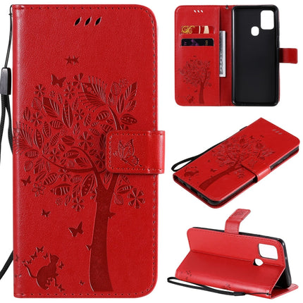 Tree & Cat Embossed Pattern Horizontal Flip Leather Case with Holder & Card Slots & Wallet & Lanyard, For Samsung Galaxy A21s, For Samsung Galaxy A31