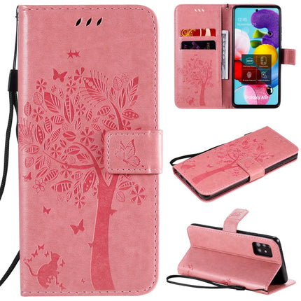 Tree & Cat Embossed Pattern Horizontal Flip Leather Case with Holder & Card Slots & Wallet & Lanyard, For Samsung Galaxy A41, For Samsung Galaxy A51 5G