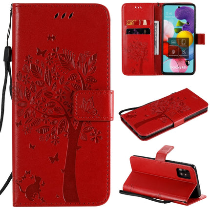 Tree & Cat Embossed Pattern Horizontal Flip Leather Case with Holder & Card Slots & Wallet & Lanyard, For Samsung Galaxy A41, For Samsung Galaxy A51 5G