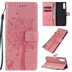 Tree & Cat Embossed Pattern Horizontal Flip Leather Case with Holder & Card Slots & Wallet & Lanyard, For Sony Xperia 10 II