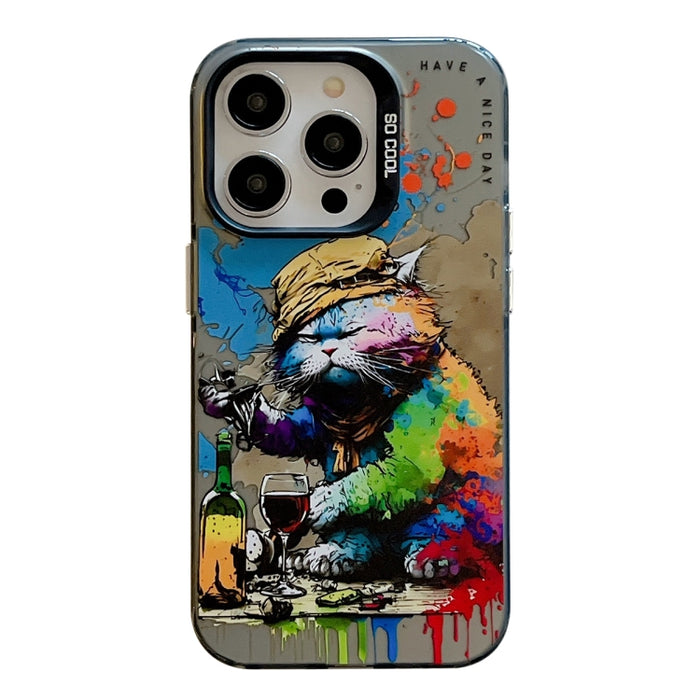 For iPhone 13 Pro Max Animal Pattern Oil Painting Series PC  TPU Phone Case(Drinking Cat)
