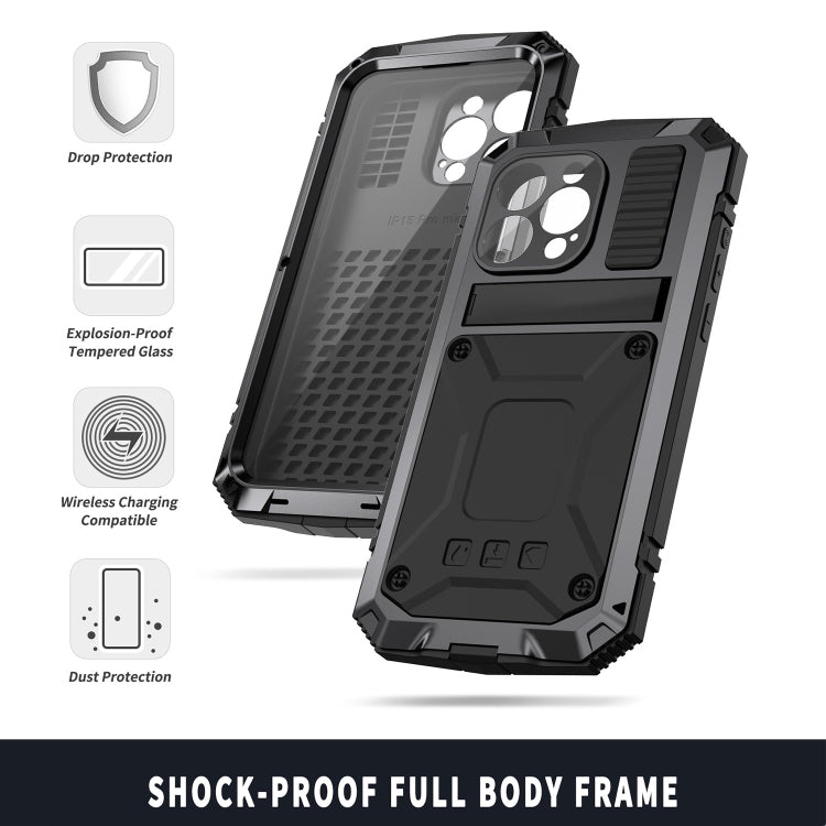 R-JUST Shockproof Life Waterproof Dust-proof Metal + Silicone Phone Case with Holder, For iPhone 15 Pro Max, For iPhone 15 Pro, For iPhone 15 Plus, For iPhone 15