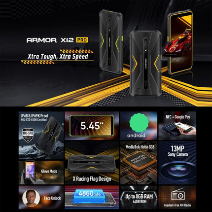 Ulefone Armor X12 Pro, IP68/IP69K Rugged Phone, 5.45 inch Android 15 MediaTek Helio G36 Octa Core, Network: 4G, NFC, 4GB+64GB