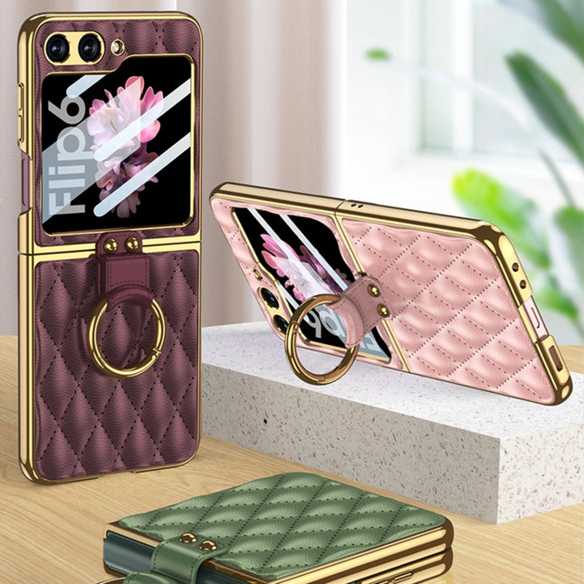 GKK Integrated Plating Diamond Texture PU Phone Case with Ring, For Samsung Galaxy Z Flip6/7 FE, For Samsung Galaxy Z Flip7 5G, For Samsung Galaxy Z Flip5