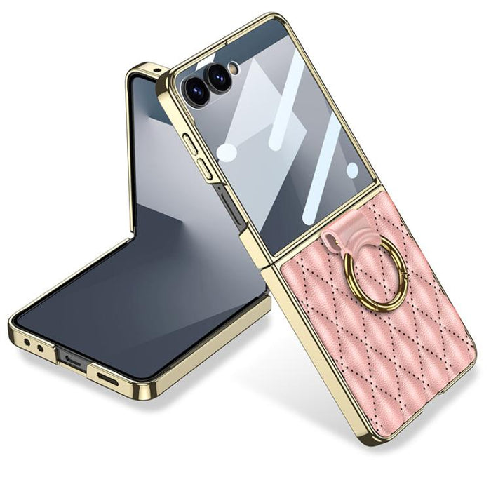 GKK Integrated Plating Diamond Texture PU Phone Case with Ring, For Samsung Galaxy Z Flip7 5G, For Samsung Galaxy Z Flip5