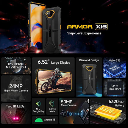Ulefone Armor X13, IP68/IP69K Rugged Phone, 6.52 inch Android 15 MediaTek Helio G36 Octa Core, Network: 4G, NFC, OTG, 6GB+64GB